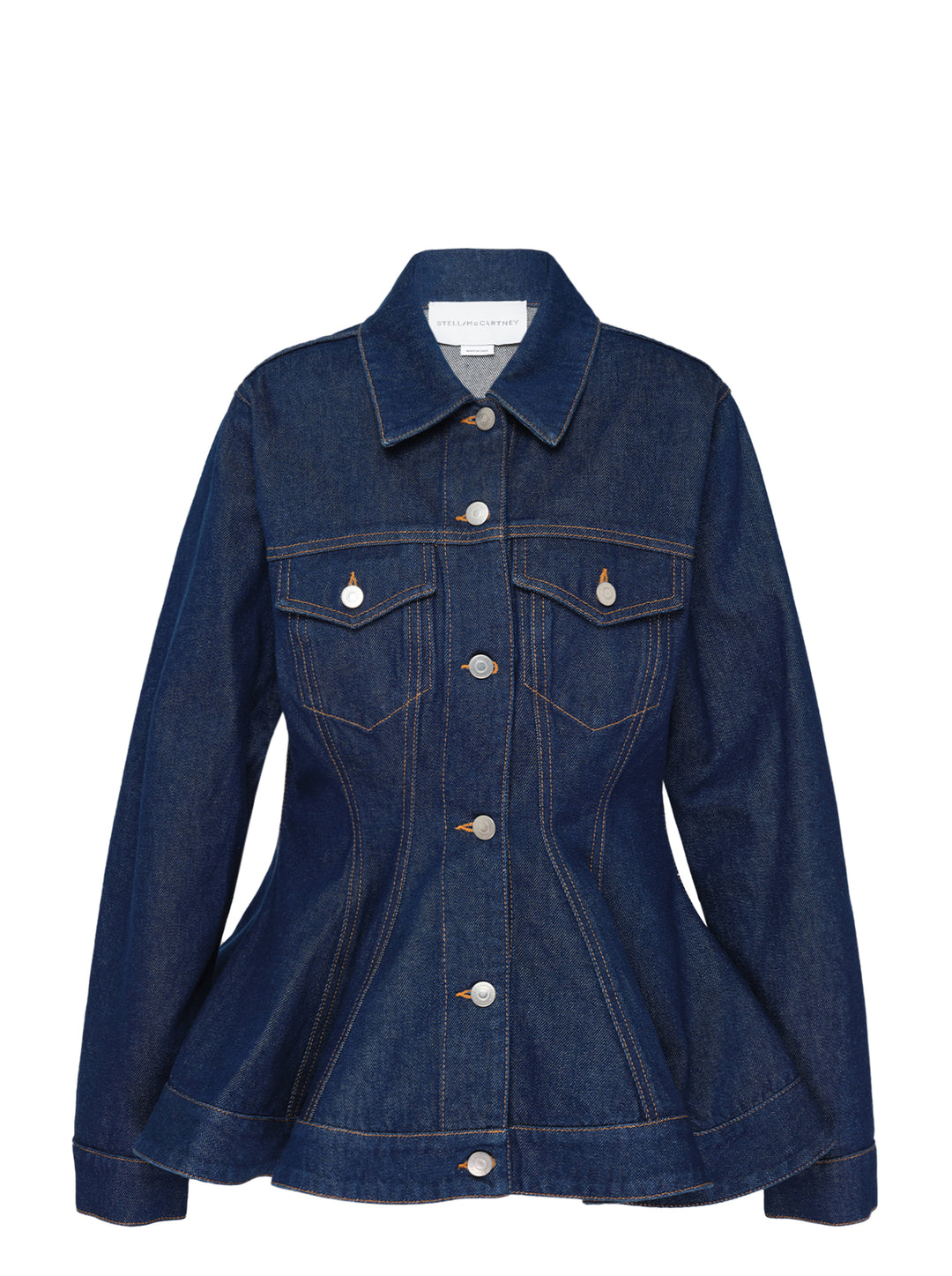 Stella McCartney peplum denim jacket in dark indigo with flared hem, chest flap pockets, silver buttons and contrast stitching