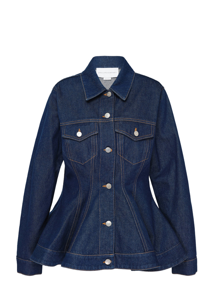 Stella McCartney peplum denim jacket in dark indigo with flared hem, chest flap pockets, silver buttons and contrast stitching