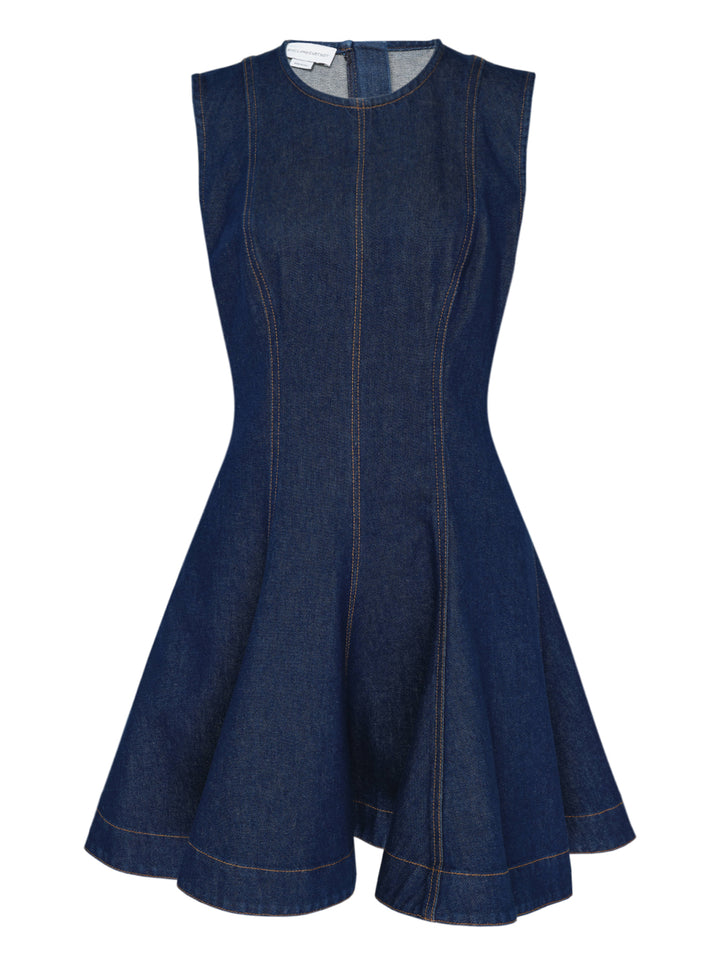 Stella McCartney sleeveless dark indigo denim mini dress with contrast topstitching, fitted seamed bodice and flared peplum skirt