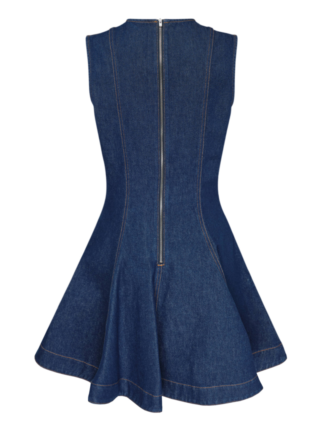 Stella McCartney sleeveless dark indigo denim mini dress with contrast topstitching, fitted seamed bodice and flared peplum skirt - view 2