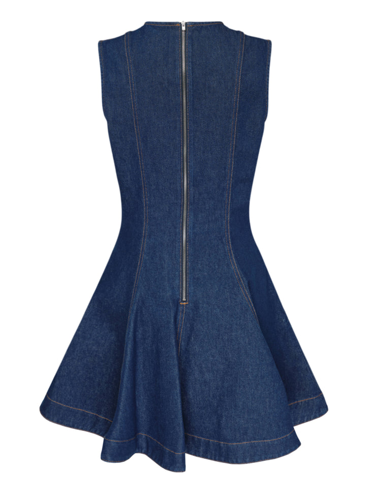 Stella McCartney sleeveless dark indigo denim mini dress with contrast topstitching, fitted seamed bodice and flared peplum skirt - view 2