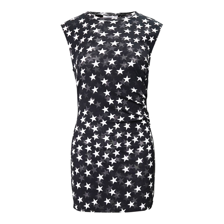 Stella McCartney black sleeveless mini dress in semi-sheer mesh fabric with all-over white star print and gathered ruche waist detail, shown on a flat lay against a white background