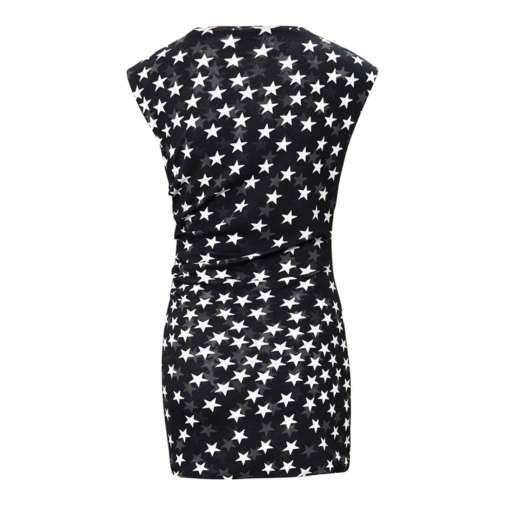 Stella McCartney black sleeveless mini dress in semi-sheer mesh fabric with all-over white star print and gathered ruche waist detail, shown on a flat lay against a white background - view 2