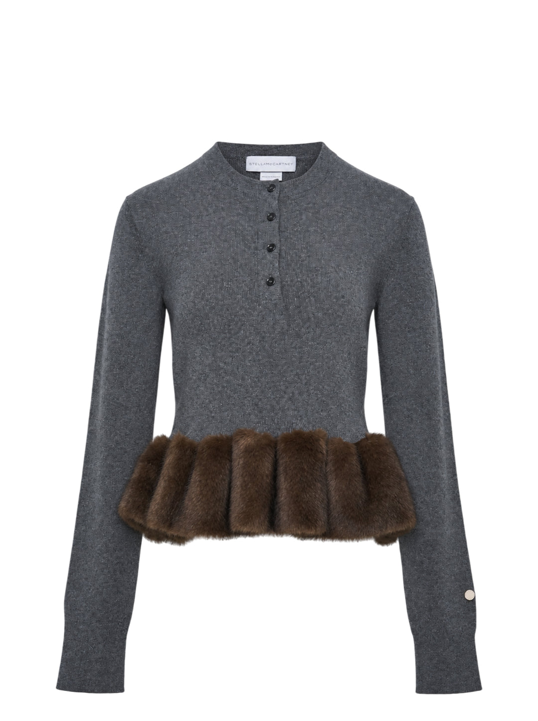 Stella McCartney grey wool crew neck jumper with Fur-Free-Fur™ ruffled peplum hem trim, Henley button placket, and long sleeves