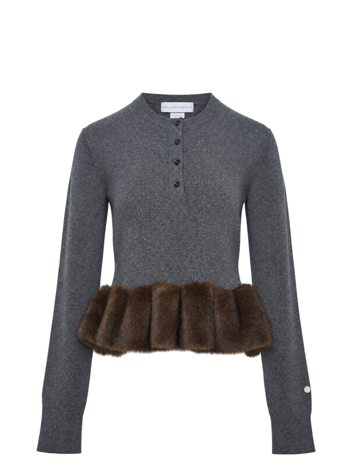 Stella McCartney grey wool crew neck jumper with Fur-Free-Fur™ ruffled peplum hem trim, Henley button placket, and long sleeves