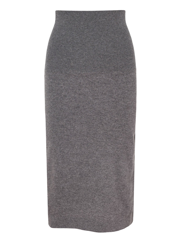 Stella McCartney Wool Knit Pencil Skirt in heathered grey, featuring a wide ribbed high waistband and slim midi-length silhouette