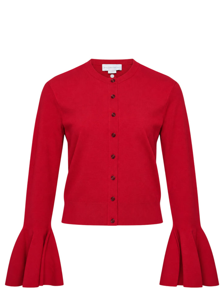 Stella McCartney red compact knit button-front cardigan with dramatic fluted bell sleeves and tonal dark red buttons
