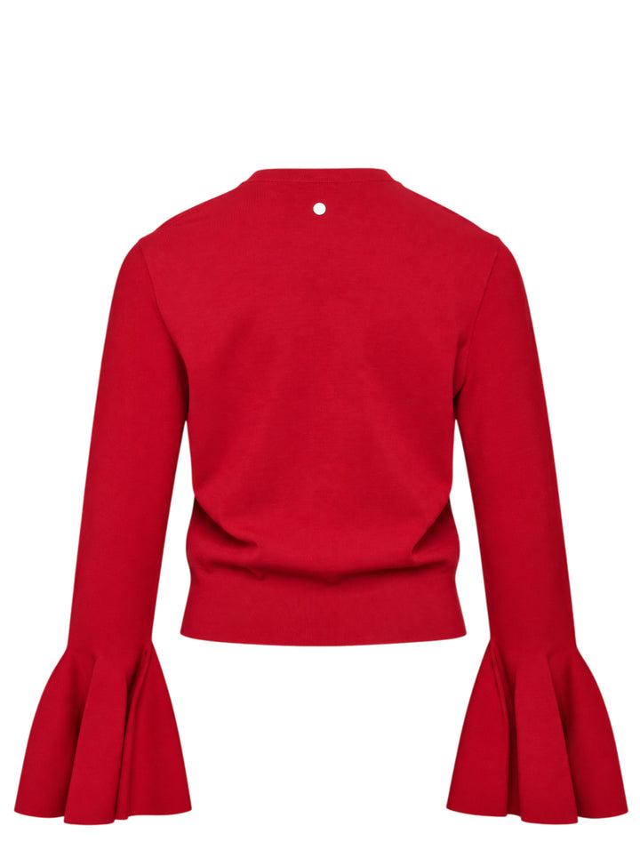 Stella McCartney red compact knit button-front cardigan with dramatic fluted bell sleeves and tonal dark red buttons - view 2