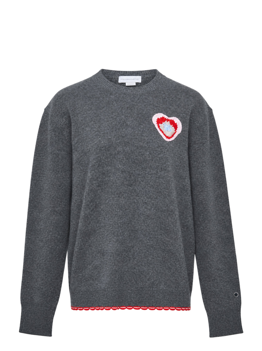 Stella McCartney heather grey wool jumper with multicolour crochet heart appliqué at the chest and red scalloped logo hem trim, front view