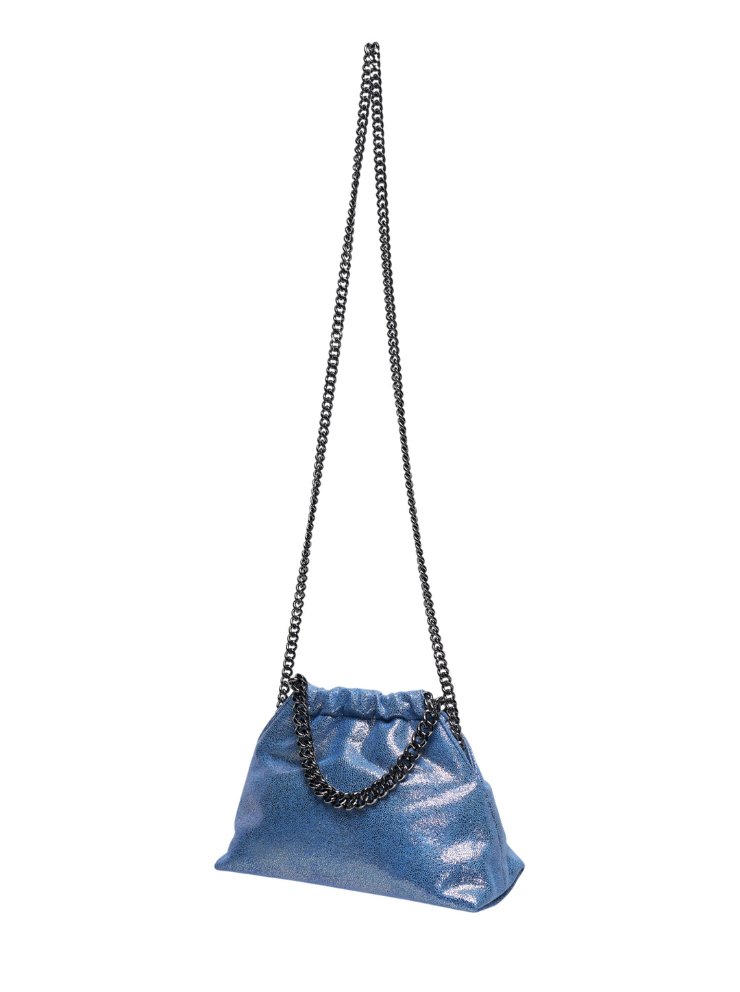 Stella McCartney Falabella Mini Drawstring Bag in metallic blue faux leather with gunmetal curb chain strap and perimeter trim, featuring a circular logo charm - view 2