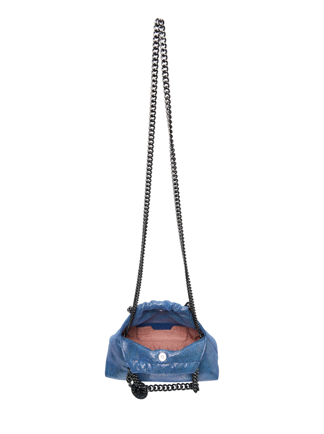 Stella McCartney Falabella Mini Drawstring Bag in metallic blue faux leather with gunmetal curb chain strap and perimeter trim, featuring a circular logo charm - view 3