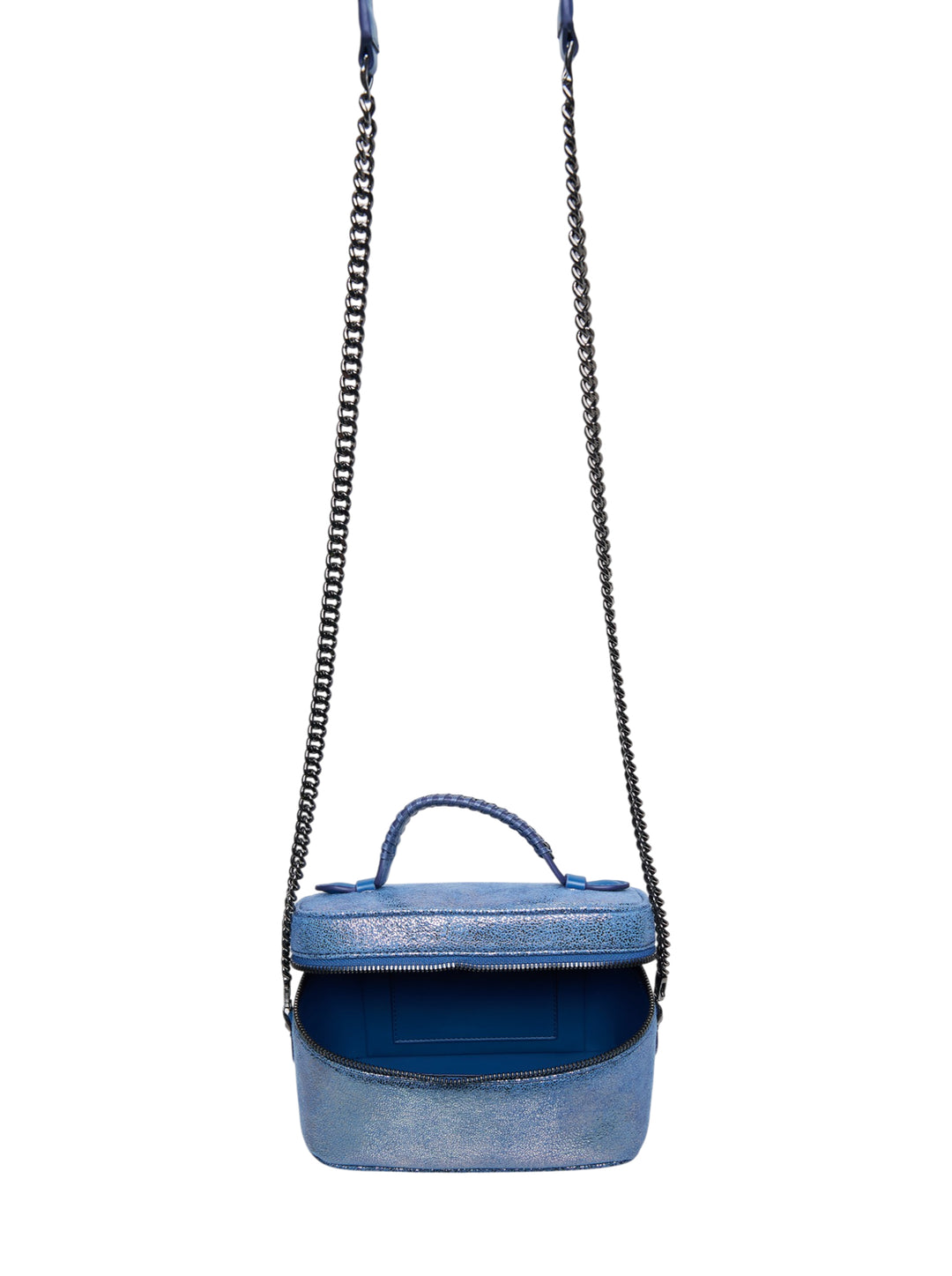 Stella McCartney Falabella Vanity Case crossbody bag in iridescent metallic blue with gunmetal chain strap and braided top handle - view 3