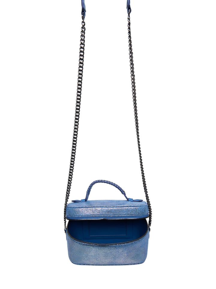 Stella McCartney Falabella Vanity Case crossbody bag in iridescent metallic blue with gunmetal chain strap and braided top handle - view 3