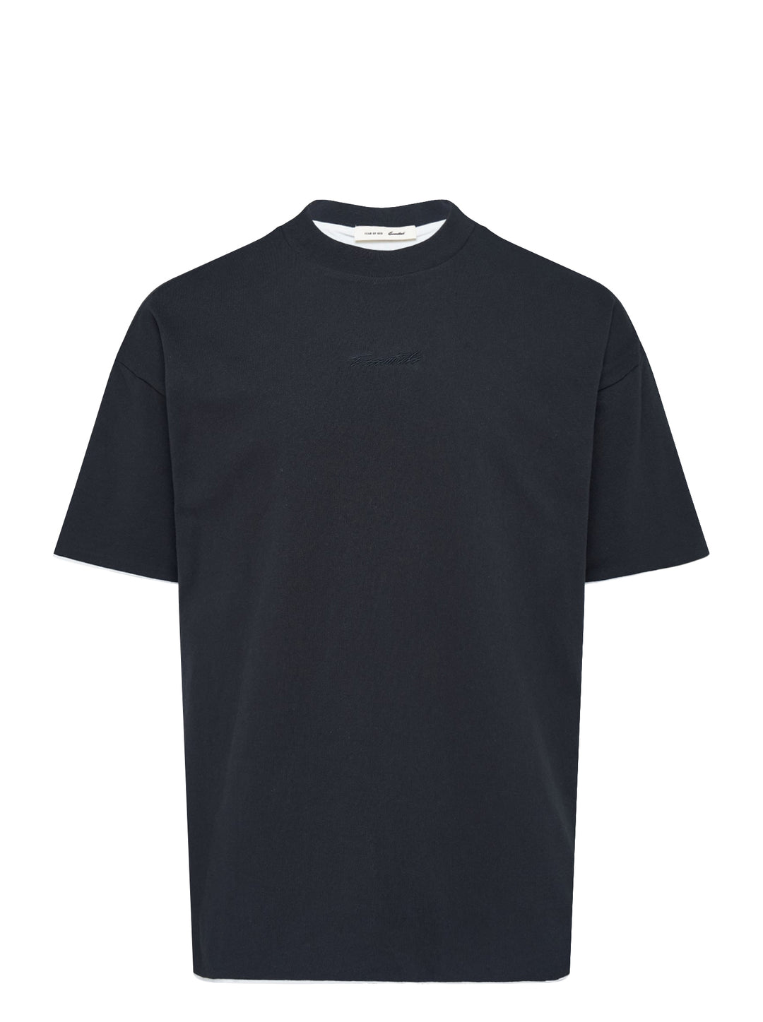 Fear of God ESSENTIALS Classic Double Layer Tee in black with white undertee at the neckline and hem and tonal embroidered logo at the chest