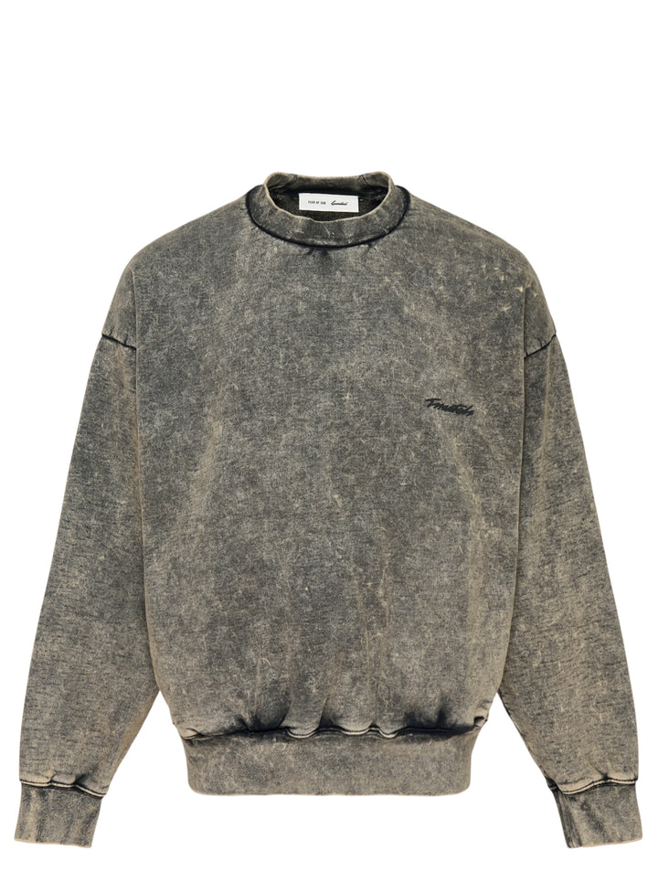 Fear of God Essentials Classic Raglan Hi-Crewneck sweatshirt in washed grey acid-wash finish with embroidered chest logo, front view