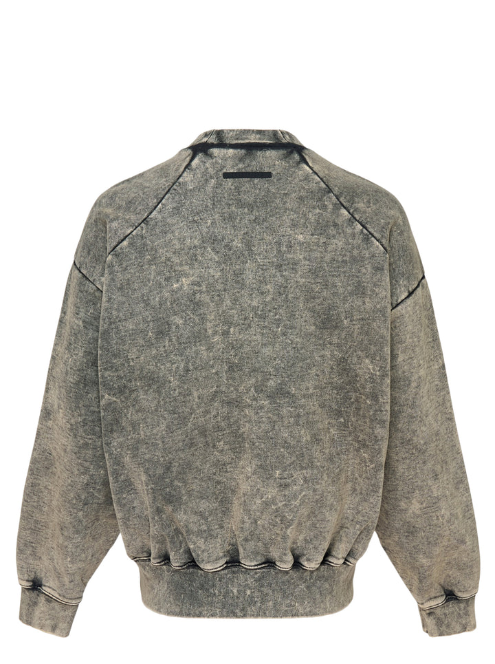Fear of God Essentials Classic Raglan Hi-Crewneck sweatshirt in washed grey acid-wash finish with embroidered chest logo, front view - view 2