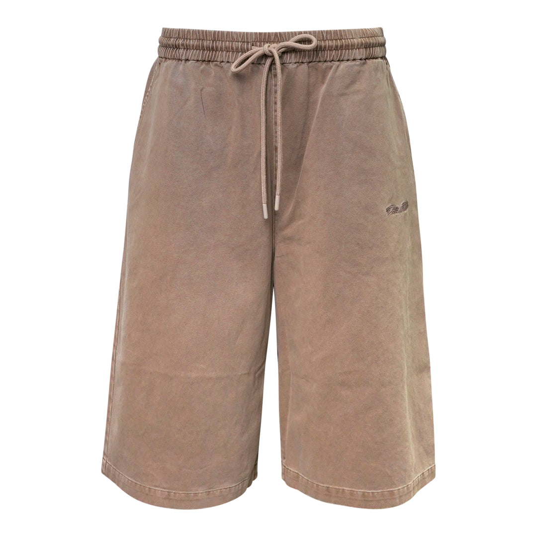 Fear of God Essentials Lounge Drawstring Shorts in garment-washed taupe with elasticated waistband, rope drawstring, and tonal logo embroidery