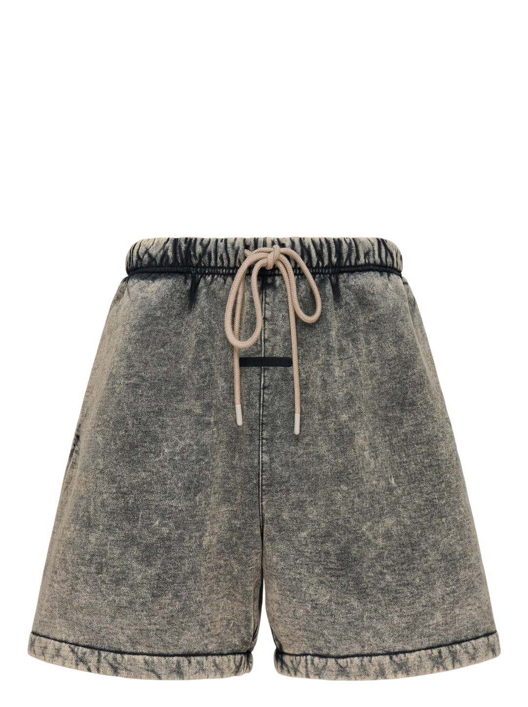 Fear of God Essentials Classic Shorts in a mineral-washed grey finish with beige drawstring waist and rubberised front tab
