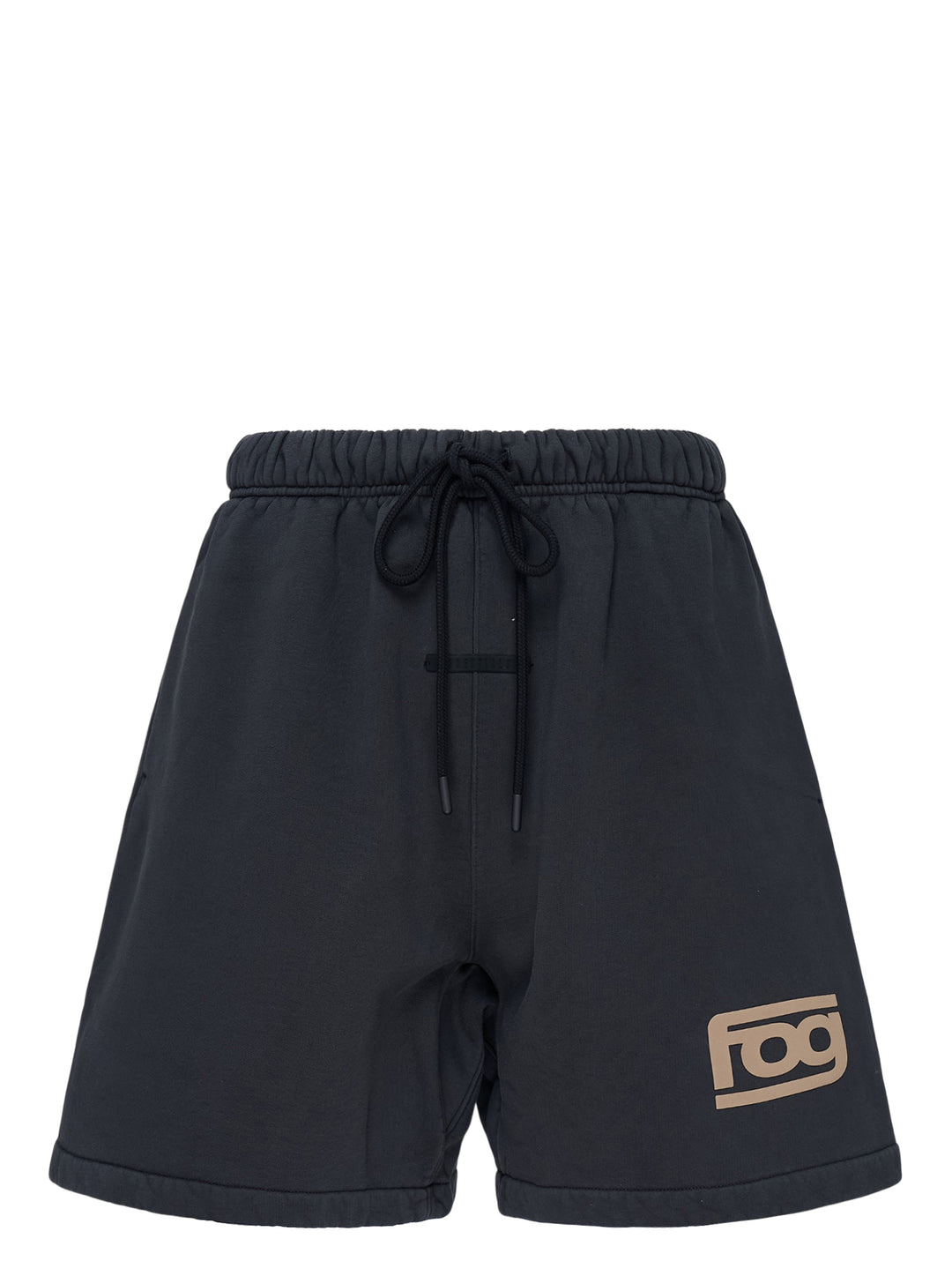 Fear of God Essentials washed black fleece shorts with drawstring waist and beige 'fog' logo print at the hem