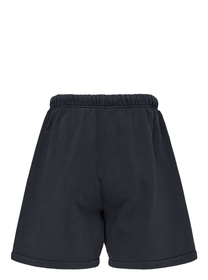 Fear of God Essentials washed black fleece shorts with drawstring waist and beige 'fog' logo print at the hem - view 2