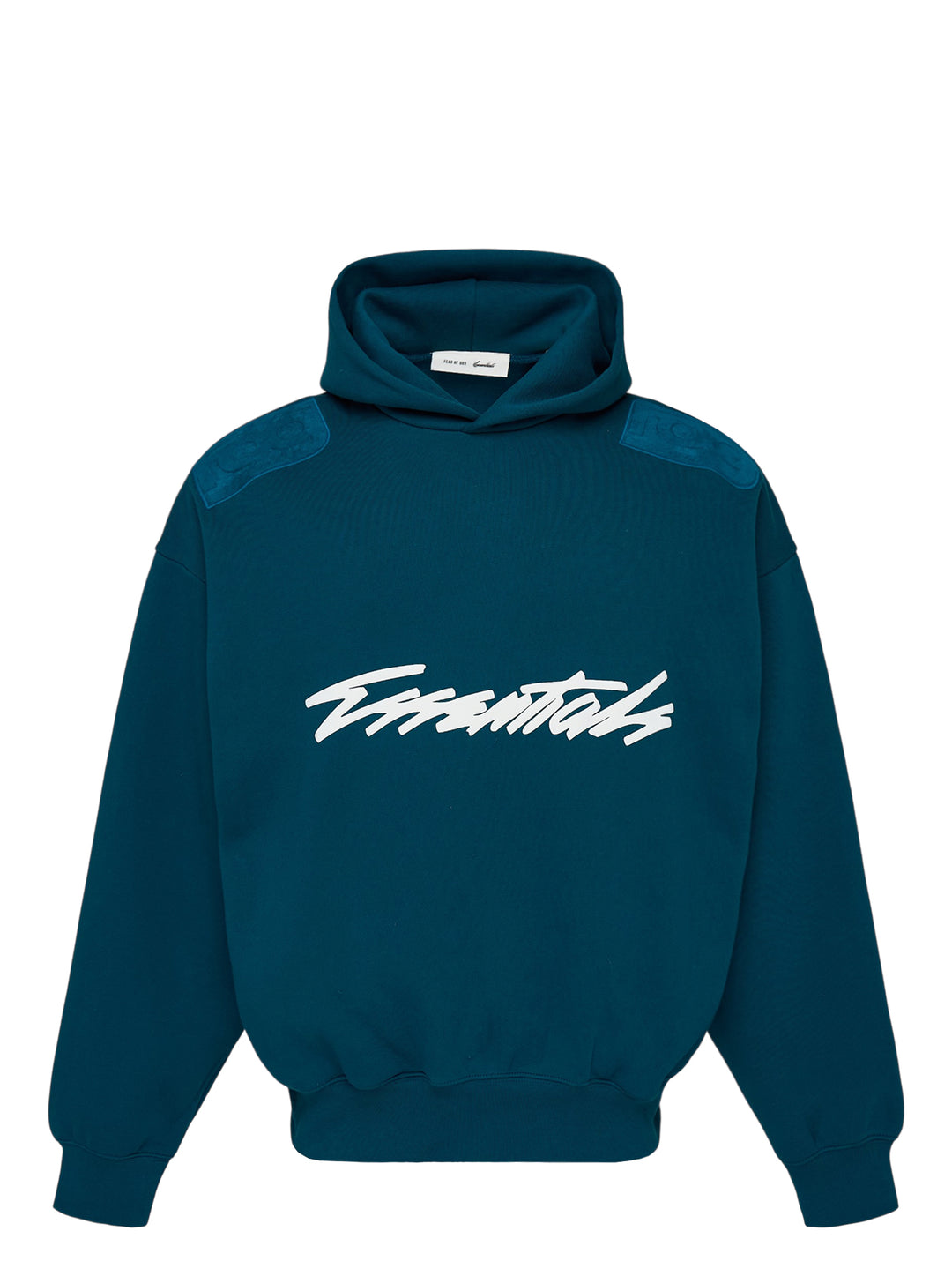 Fear of God Essentials Classic Raglan Hoodie in deep teal with white script logo across the chest and tonal textured shoulder panels