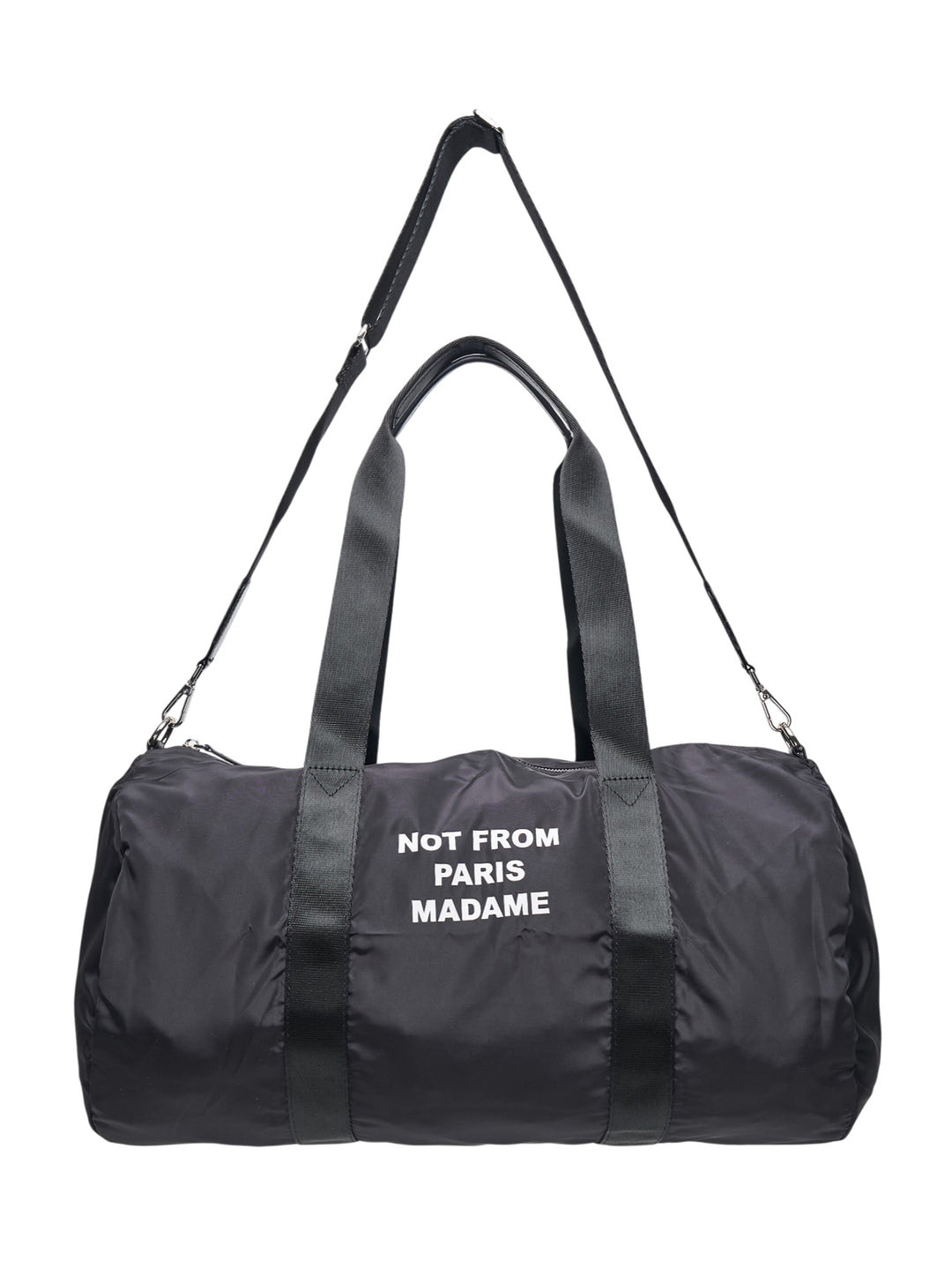 Drôle de Monsieur black nylon cylindrical gym bag with 'Not From Paris Madame' slogan print, dual handles, and detachable shoulder strap