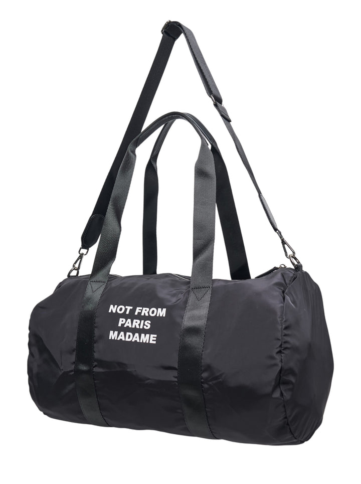 Drôle de Monsieur black nylon cylindrical gym bag with 'Not From Paris Madame' slogan print, dual handles, and detachable shoulder strap - view 2