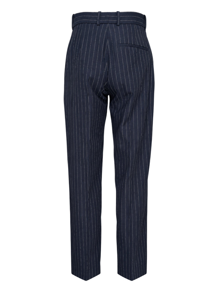 Navy pinstripe single pleat trousers by Drôle de Monsieur, shown front-facing with high waist and tapered leg - view 2