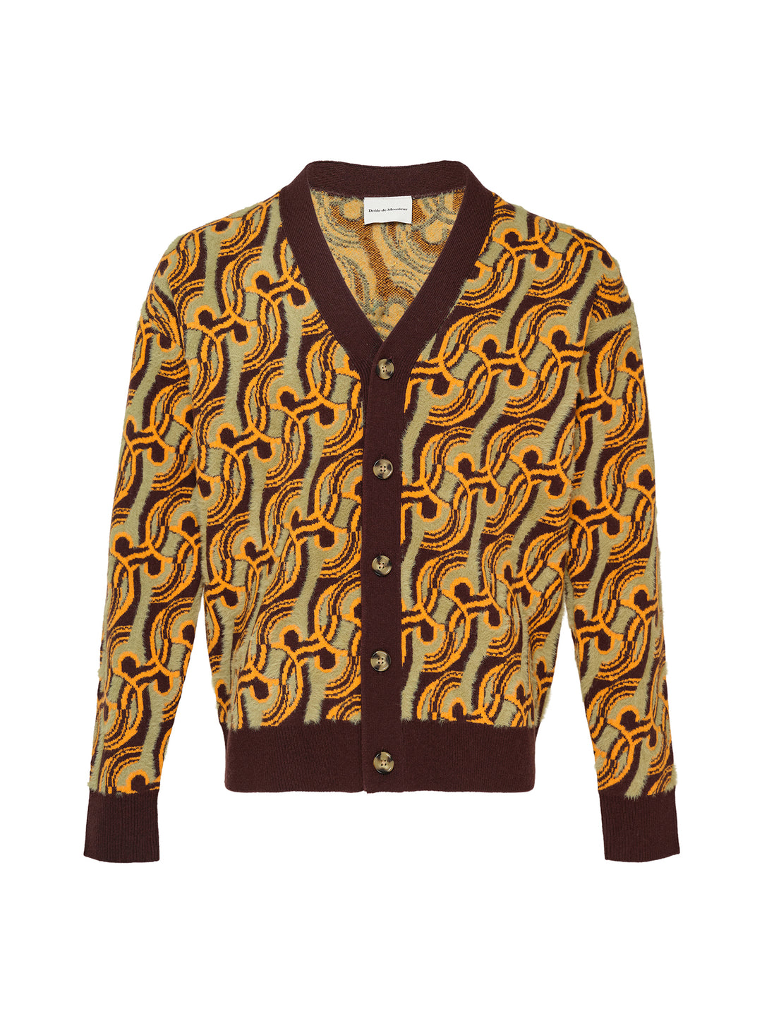 Drôle de Monsieur Mirror Abstrait Cardigan with all-over amber and sage swirl jacquard pattern, deep V-neck, burgundy ribbed trims, and horn-effect button fastening