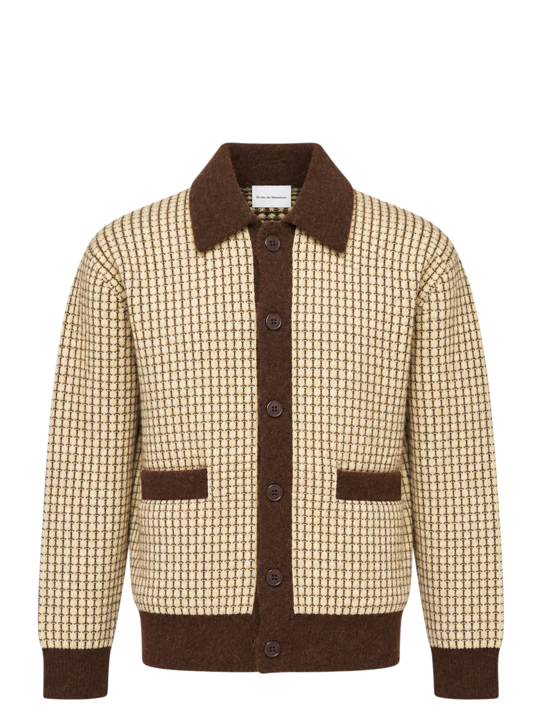 Drôle de Monsieur waffle knit cardigan in cream with brown contrast collar, button placket, cuffs, hem and patch pockets