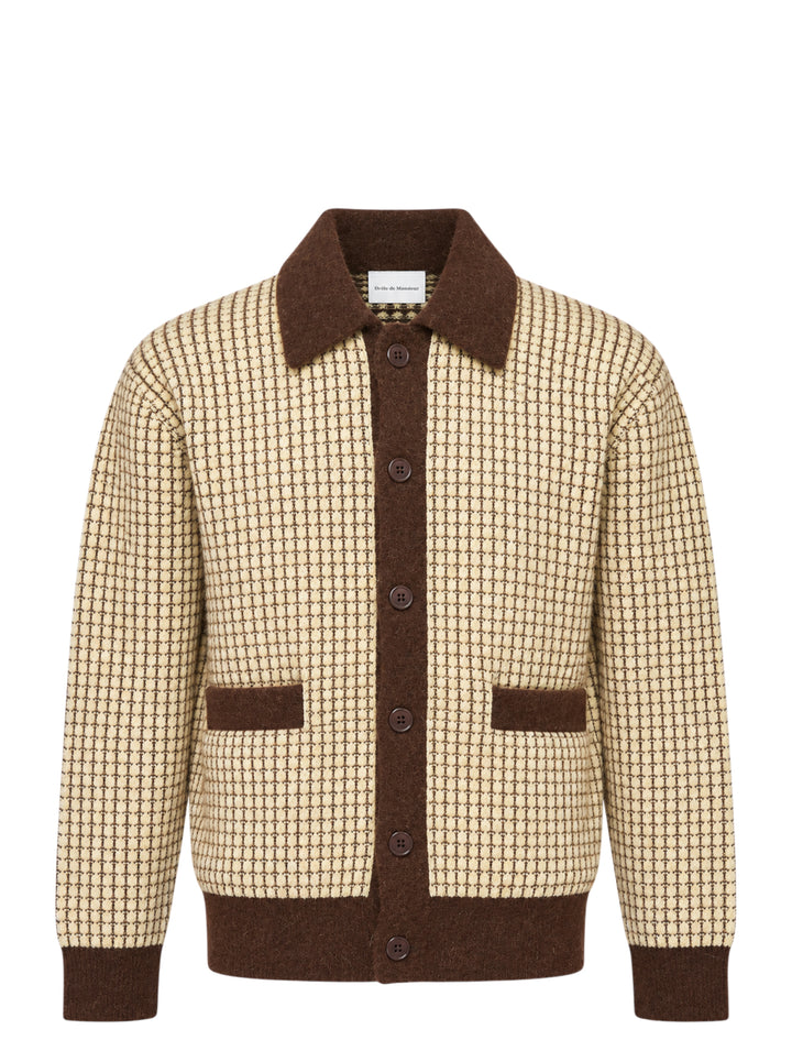 Drôle de Monsieur waffle knit cardigan in cream with brown contrast collar, button placket, cuffs, hem and patch pockets