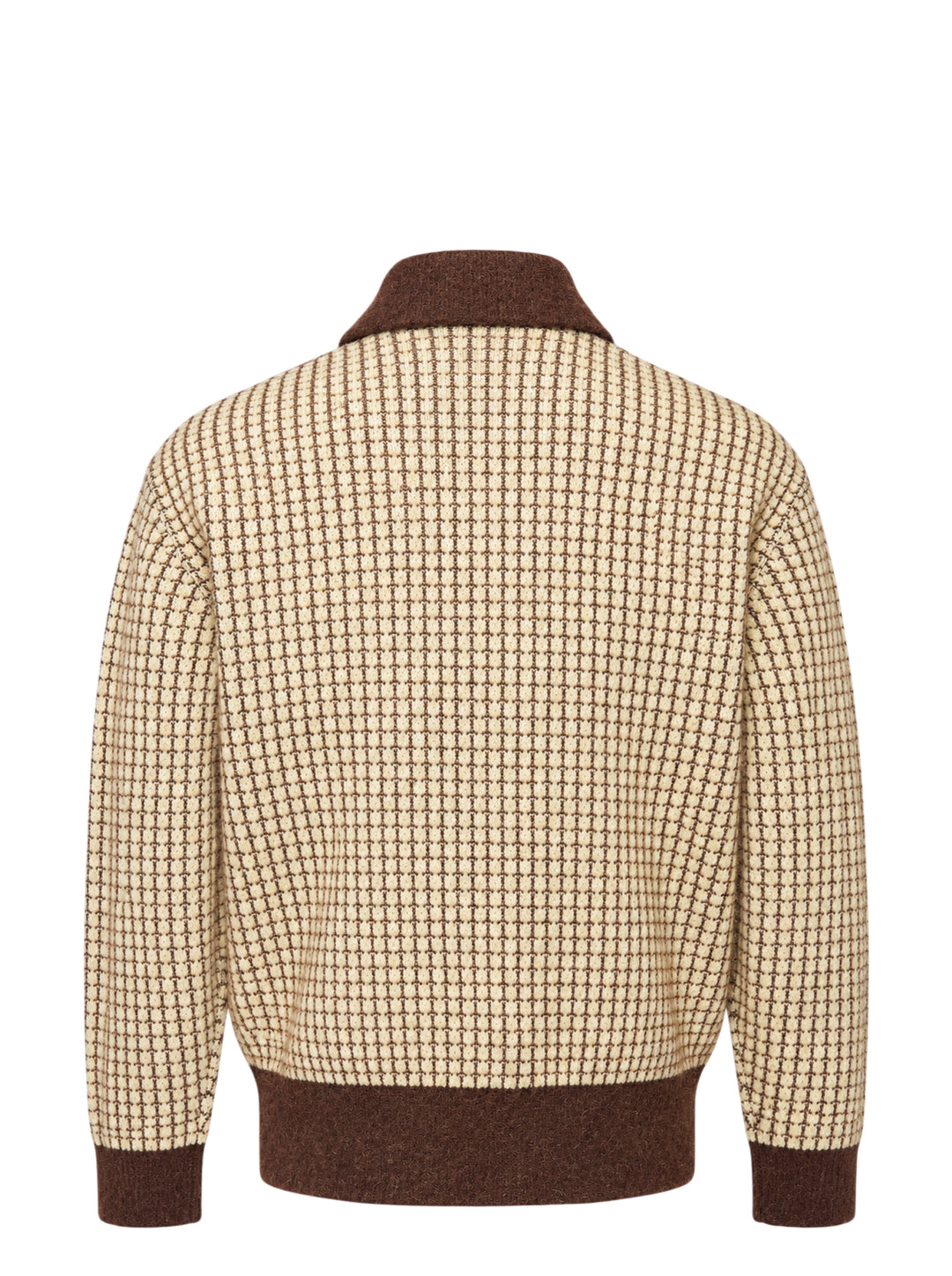 Drôle de Monsieur waffle knit cardigan in cream with brown contrast collar, button placket, cuffs, hem and patch pockets - view 2