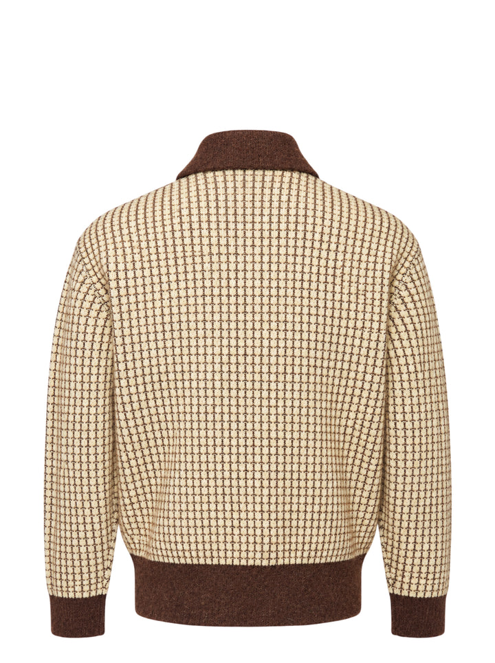 Drôle de Monsieur waffle knit cardigan in cream with brown contrast collar, button placket, cuffs, hem and patch pockets - view 2