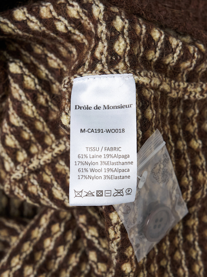 Drôle de Monsieur waffle knit cardigan in cream with brown contrast collar, button placket, cuffs, hem and patch pockets - view 3