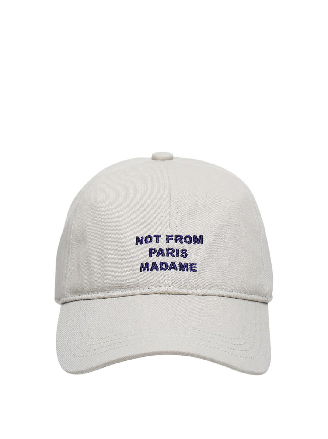 Drôle de Monsieur off-white structured baseball cap with 'Not From Paris Madame' navy embroidered slogan on the front panel