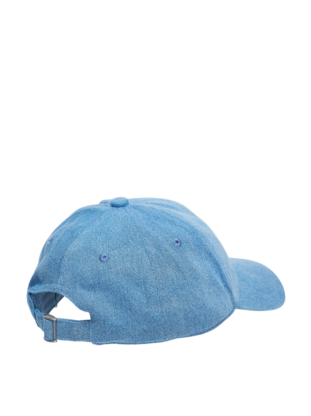 Drôle de Monsieur light blue washed denim baseball cap with white embroidered 'Not From Paris Madame' slogan on the front panel, front view - view 2