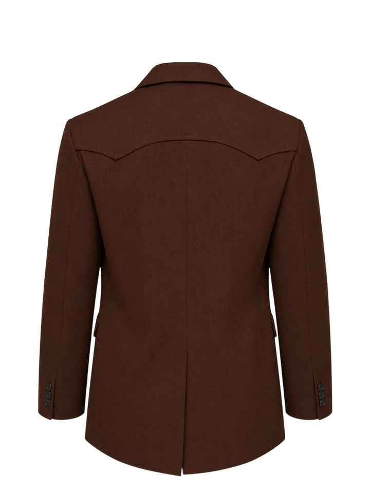 Drôle de Monsieur Western single-breasted jacket in chocolate brown with notched lapels, yoked shoulders, smile chest pockets and flap pockets - view 2