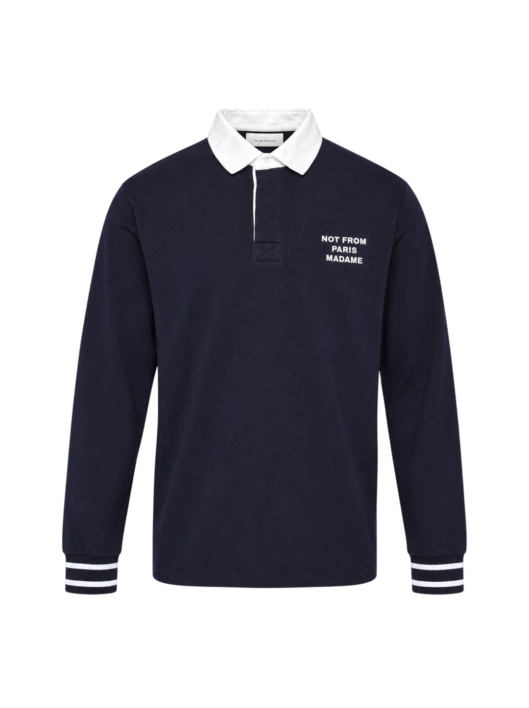 Drôle de Monsieur Slogan Long Sleeve Polo in navy with contrast white collar, striped ribbed cuffs, and 'Not From Paris Madame' chest embroidery