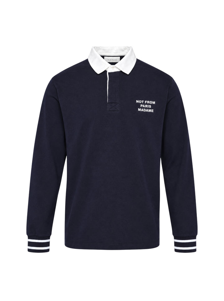 Drôle de Monsieur Slogan Long Sleeve Polo in navy with contrast white collar, striped ribbed cuffs, and 'Not From Paris Madame' chest embroidery