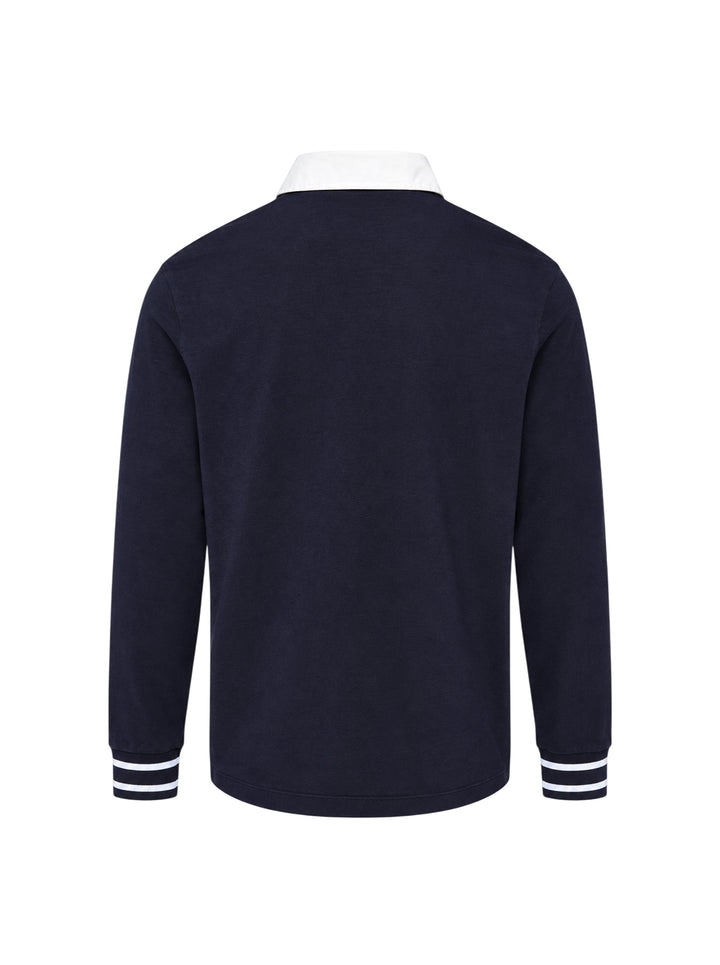 Drôle de Monsieur Slogan Long Sleeve Polo in navy with contrast white collar, striped ribbed cuffs, and 'Not From Paris Madame' chest embroidery - view 2