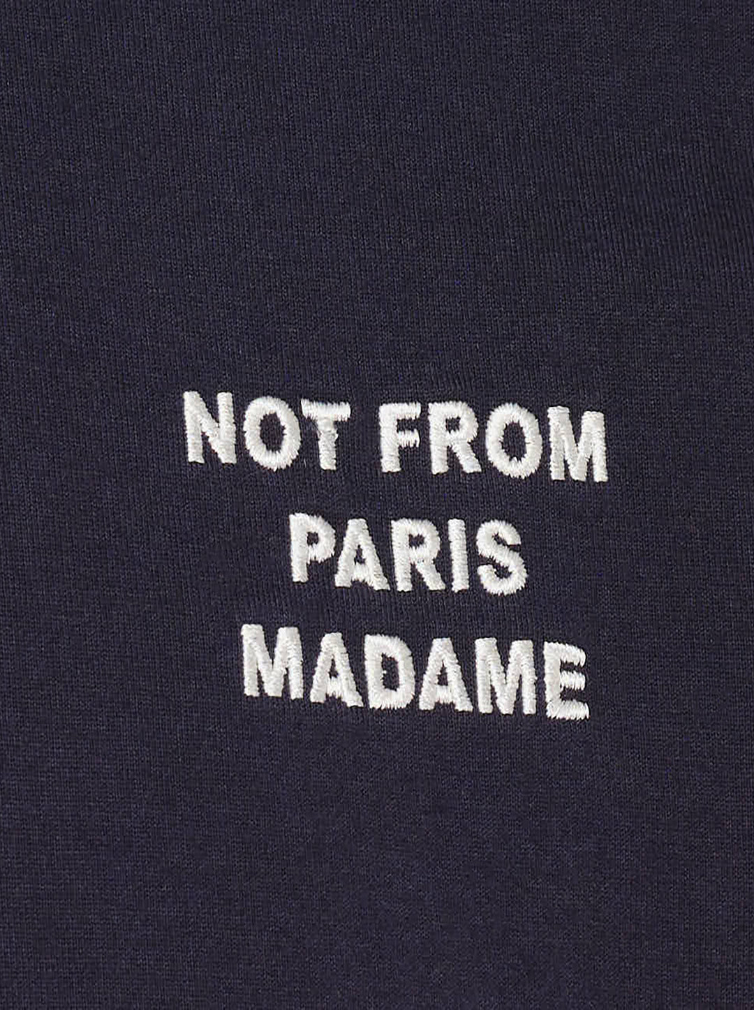Drôle de Monsieur Slogan Long Sleeve Polo in navy with contrast white collar, striped ribbed cuffs, and 'Not From Paris Madame' chest embroidery - view 3