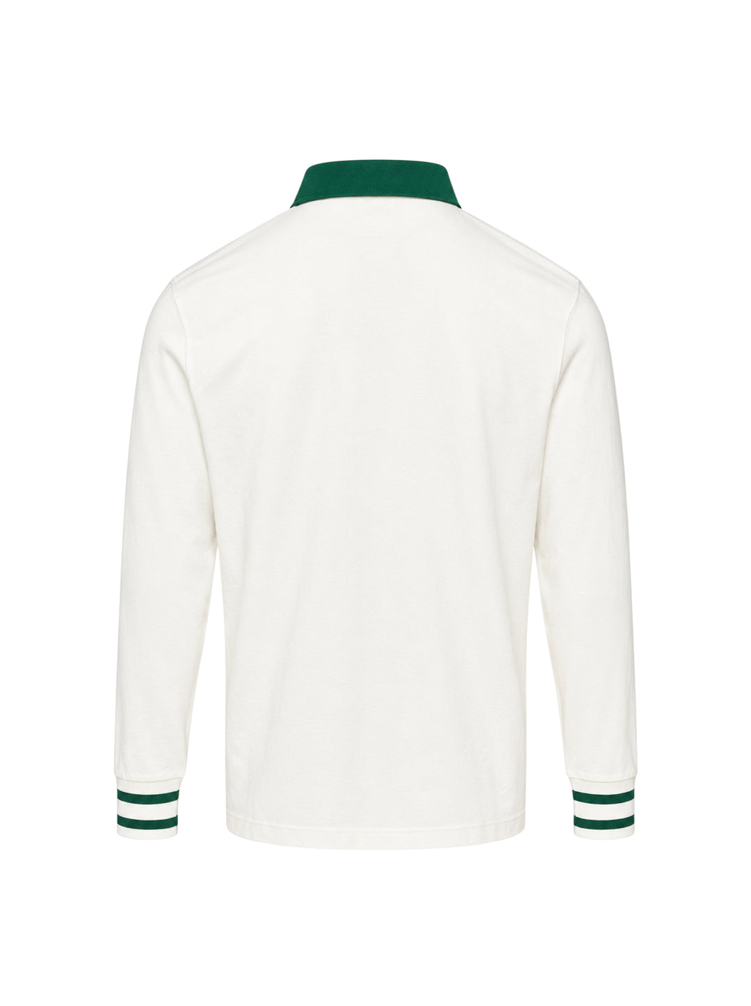 Drôle de Monsieur Slogan Long Sleeve Polo in cream with forest-green contrast collar, striped ribbed cuffs, and 'Not From Paris Madame' chest embroidery - view 2