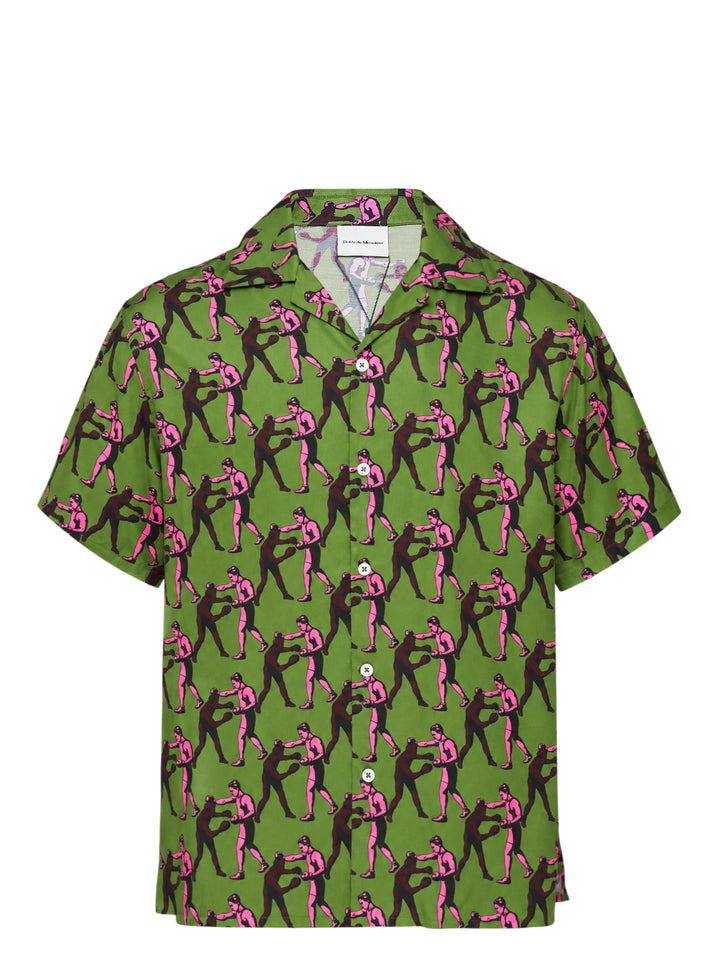 Drôle de Monsieur Notcha short sleeve shirt in green with an all-over pink and burgundy vintage boxing print, camp collar and white buttons