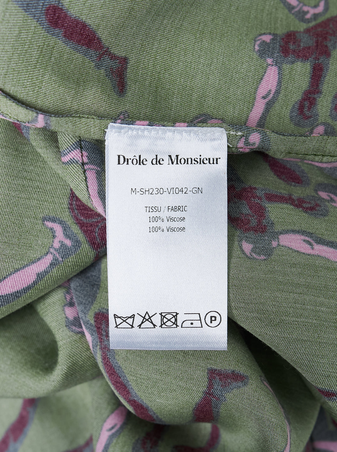 Drôle de Monsieur Notcha short sleeve shirt in green with an all-over pink and burgundy vintage boxing print, camp collar and white buttons - view 3