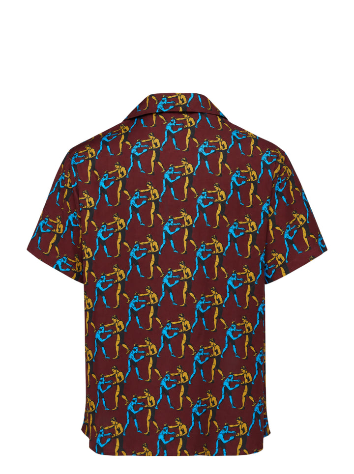 Drôle de Monsieur Notcha short sleeve shirt with an all-over vintage boxing print in blue and ochre on burgundy, featuring a camp collar and white buttons - view 2