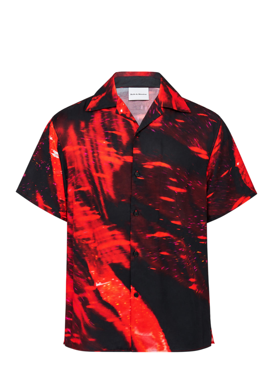 Drôle de Monsieur Notcha short sleeve shirt in a red and black abstract fire print with a camp collar and black buttons