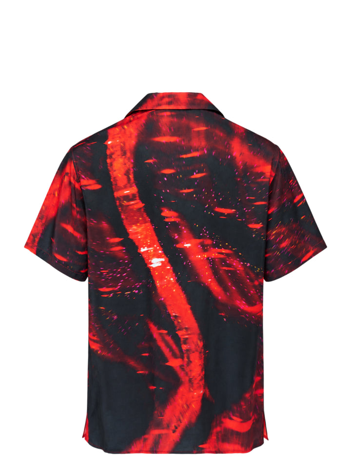 Drôle de Monsieur Notcha short sleeve shirt in a red and black abstract fire print with a camp collar and black buttons - view 2