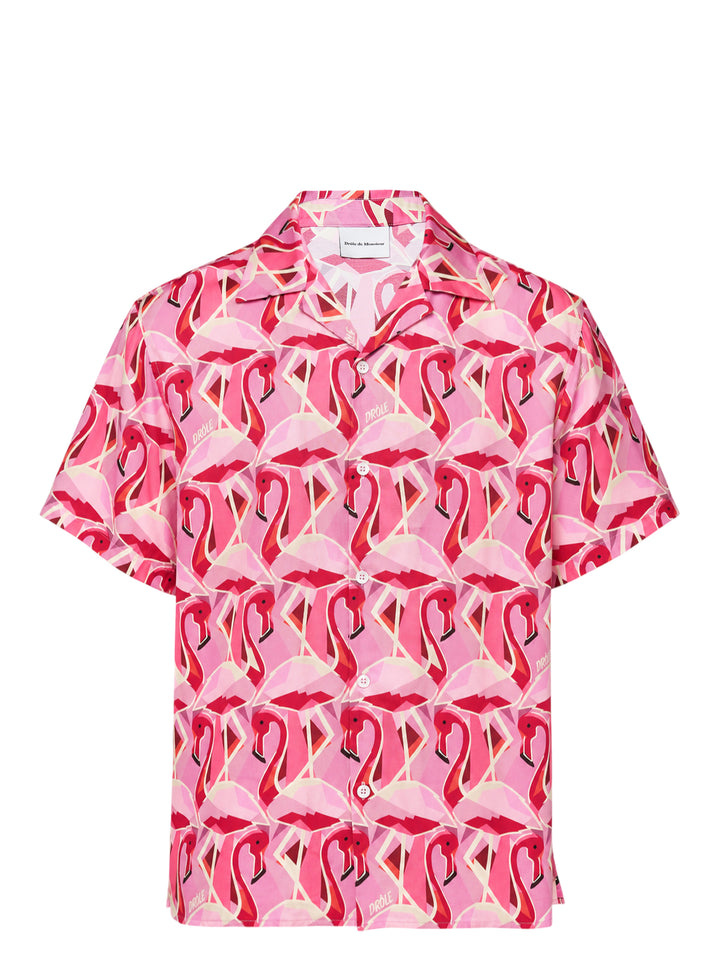 Drôle de Monsieur Notcha short sleeve shirt with an allover geometric pink and red flamingo print, camp collar and front button closure