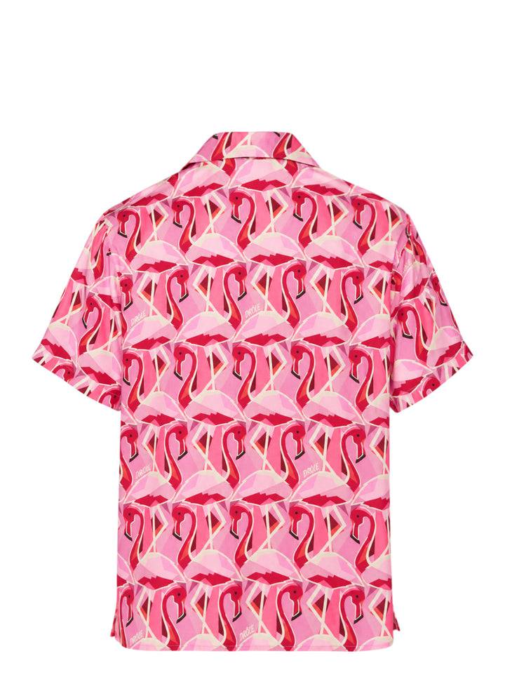 Drôle de Monsieur Notcha short sleeve shirt with an allover geometric pink and red flamingo print, camp collar and front button closure - view 2