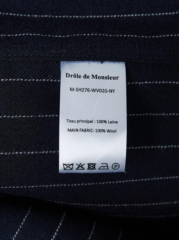 Drôle de Monsieur navy pinstripe long sleeve shirt with white buttons and a woven label on the chest pocket - view 3